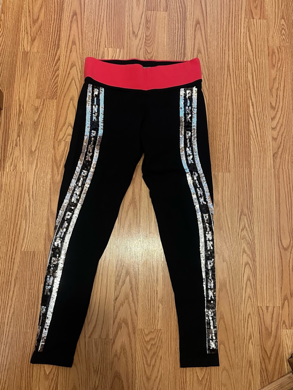 VS Pink Black and Red Sequin Bling Curved Leggings M